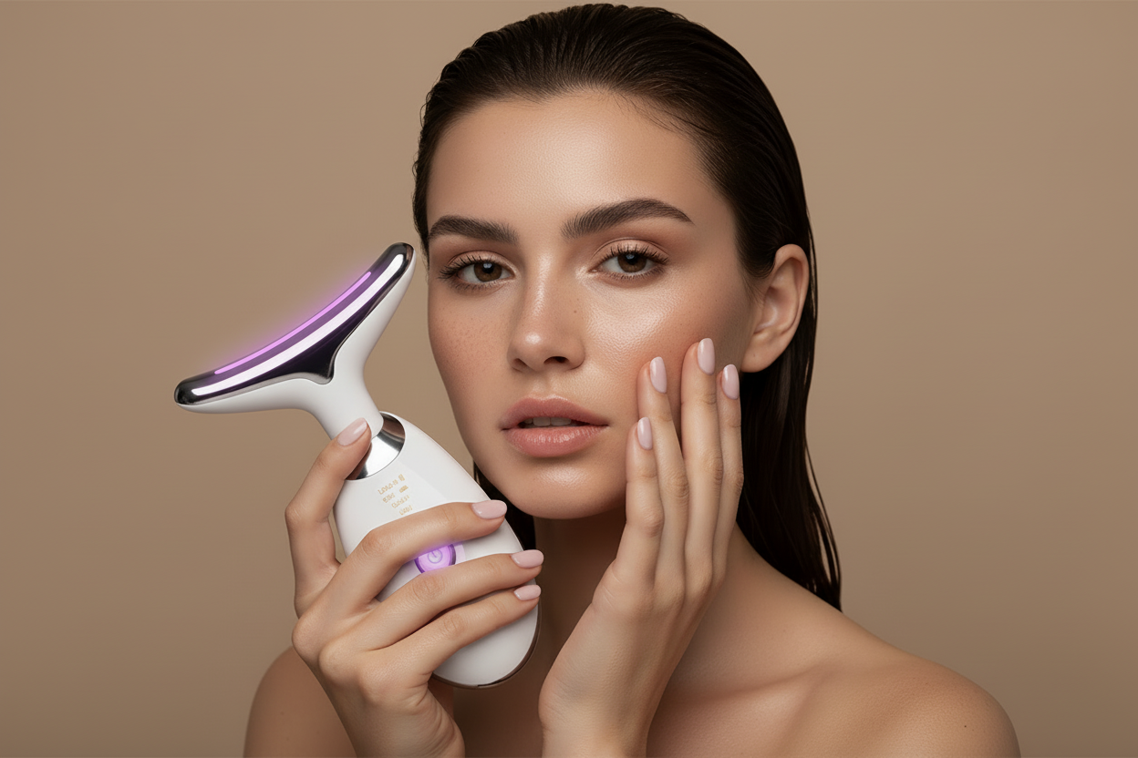 Modelo sosteniendo masajeadora facial LED